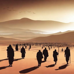 Create an image where all resurrected humans are gathering in the vast desert field of Padang Mahsyar