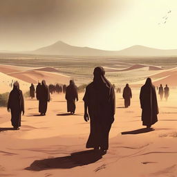 Create an image where all resurrected humans are gathering in the vast desert field of Padang Mahsyar