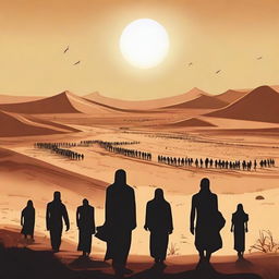 Create an image where all resurrected humans are gathering in the vast desert field of Padang Mahsyar