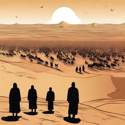 Create an image where all resurrected humans are gathering in the vast desert field of Padang Mahsyar