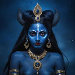 A mystical portrayal of young Indian goddess Kali with midnight blue skin and elf-like pointed ears, combining elements of traditional Indian culture and fantasy, set against an ethereal night sky backdrop.