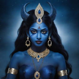 A mystical portrayal of young Indian goddess Kali with midnight blue skin and elf-like pointed ears, combining elements of traditional Indian culture and fantasy, set against an ethereal night sky backdrop.