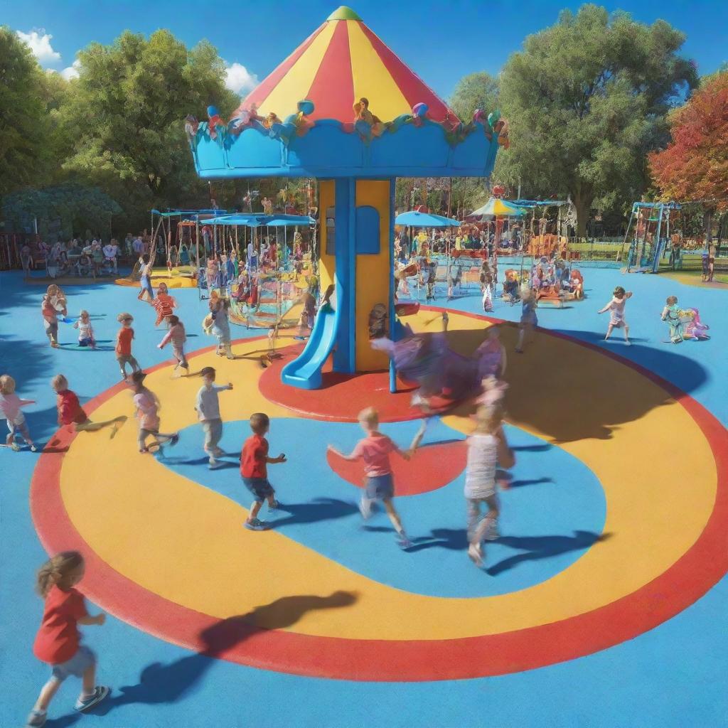 A 3D vibrant image of enthusiastic children playing in a colorful playground filled with swings, slides and a merry-go-round under a bright blue sky.