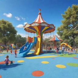 A 3D vibrant image of enthusiastic children playing in a colorful playground filled with swings, slides and a merry-go-round under a bright blue sky.