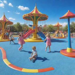 A 3D vibrant image of enthusiastic children playing in a colorful playground filled with swings, slides and a merry-go-round under a bright blue sky.