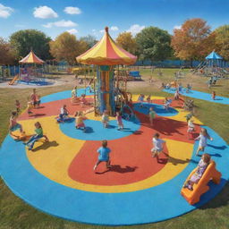 A 3D vibrant image of enthusiastic children playing in a colorful playground filled with swings, slides and a merry-go-round under a bright blue sky.