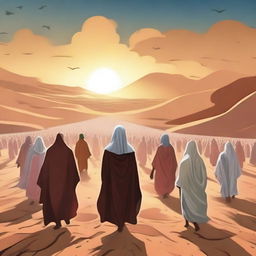 Create an image where the virtuous people are being led into heaven from the gathering at the vast desert field of Padang Mahsyar