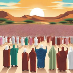 Create an image where the virtuous people are being led into heaven from the gathering at the vast desert field of Padang Mahsyar