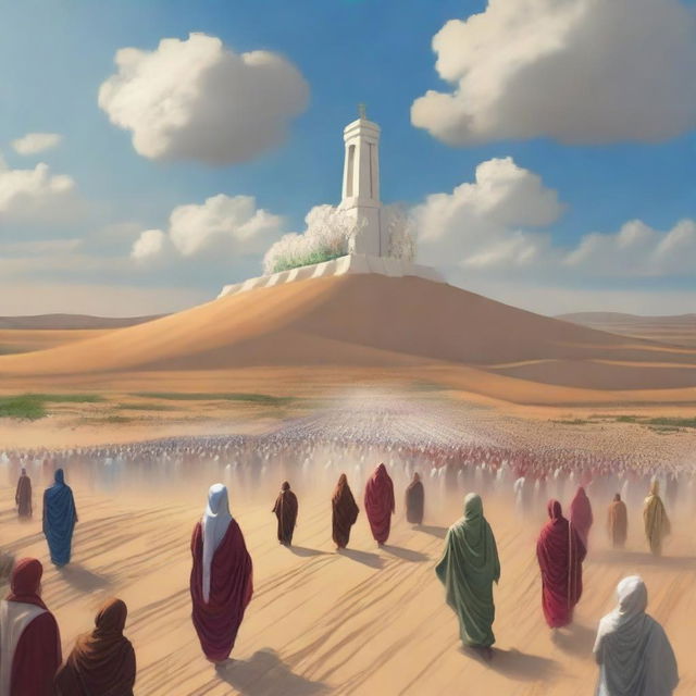 Create an image where the virtuous people are being led into heaven from the gathering at the vast desert field of Padang Mahsyar