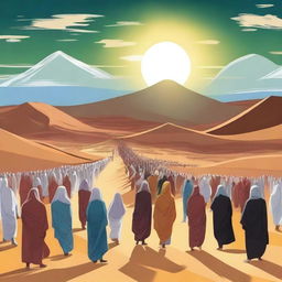 Create an image where the virtuous people are being led into heaven from the gathering at the vast desert field of Padang Mahsyar