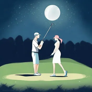 Under the moonlight, the couple enjoyed a game of golf together, the woman skillfully wielding her niblick.