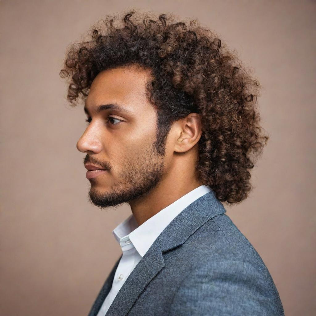 A detailed, high-quality profile image of a sophisticated man with brown skin and curly hair, showcasing his persona and individuality, ideal for profile picture use.