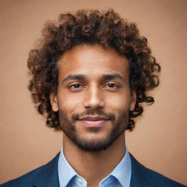 A detailed, high-quality profile image of a sophisticated man with brown skin and curly hair, showcasing his persona and individuality, ideal for profile picture use.