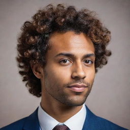 A detailed, high-quality profile image of a sophisticated man with brown skin and curly hair, showcasing his persona and individuality, ideal for profile picture use.