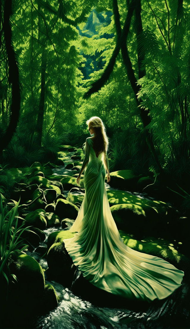 A woman in a white gown walks through a lush forest by a sparkling stream, bathed in streaming sunlight. The image has an aspect ratio of 4:3.