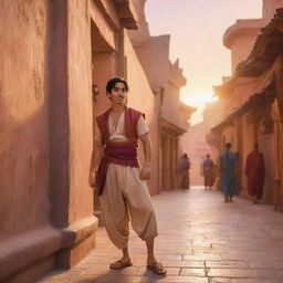 An animated drawing of Aladdin in his iconic outfit, casually leaning against a wall in the bustling marketplace of Agrabah, with the sunset casting warm glows on the scene.