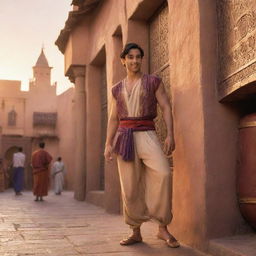 An animated drawing of Aladdin in his iconic outfit, casually leaning against a wall in the bustling marketplace of Agrabah, with the sunset casting warm glows on the scene.