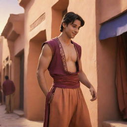 An animated drawing of Aladdin in his iconic outfit, casually leaning against a wall in the bustling marketplace of Agrabah, with the sunset casting warm glows on the scene.