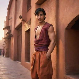 An animated drawing of Aladdin in his iconic outfit, casually leaning against a wall in the bustling marketplace of Agrabah, with the sunset casting warm glows on the scene.