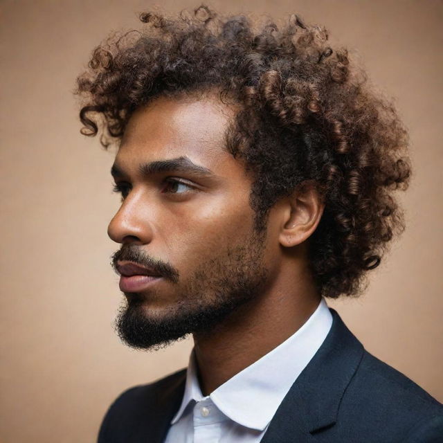 An artistic yet detailed profile image of a man with brown skin and curly hair, exuding sophistication and personality, ideal for profile use, not too realistic.