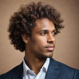 An artistic yet detailed profile image of a man with brown skin and curly hair, exuding sophistication and personality, ideal for profile use, not too realistic.