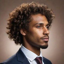 An artistic yet detailed profile image of a man with brown skin and curly hair, exuding sophistication and personality, ideal for profile use, not too realistic.