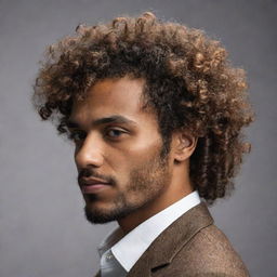 An artistic yet detailed profile image of a man with brown skin and curly hair, exuding sophistication and personality, ideal for profile use, not too realistic.