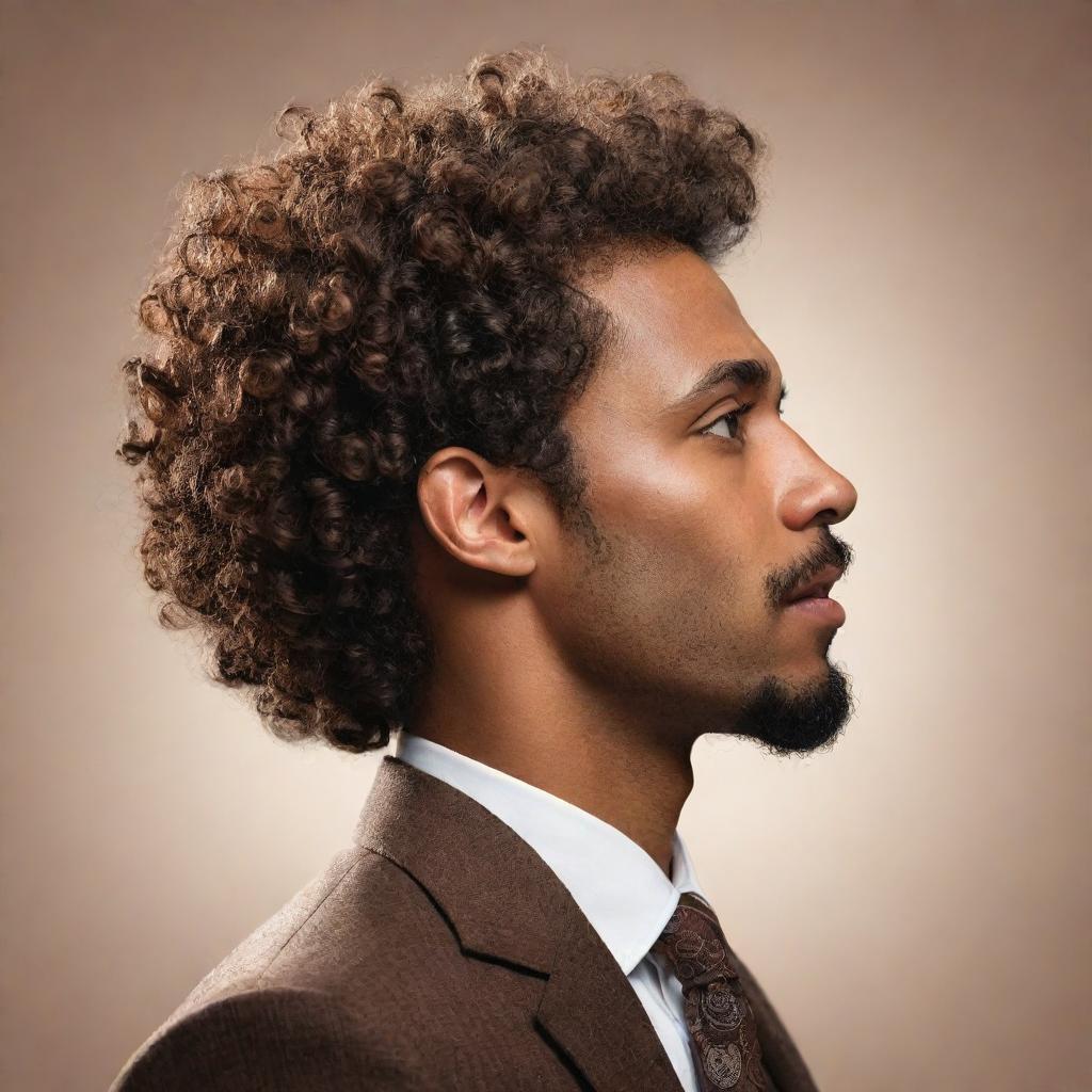 A stylized, non-realistic profile image of a sophisticated man with brown skin and curly hair, highlighting unique personality traits, crafted for profile use.