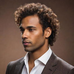 A stylized, non-realistic profile image of a sophisticated man with brown skin and curly hair, highlighting unique personality traits, crafted for profile use.