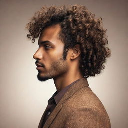 A stylized, non-realistic profile image of a sophisticated man with brown skin and curly hair, highlighting unique personality traits, crafted for profile use.