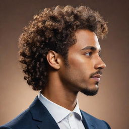 A stylized, non-realistic profile image of a sophisticated man with brown skin and curly hair, highlighting unique personality traits, crafted for profile use.