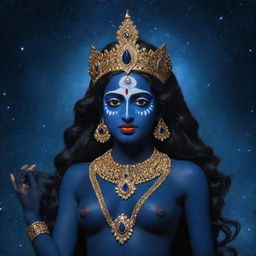 A striking image of a young Indian goddess Kali with rich midnight blue skin, embodying divine power with an air of youthful innocence, set against a magical, star-filled night sky backdrop.