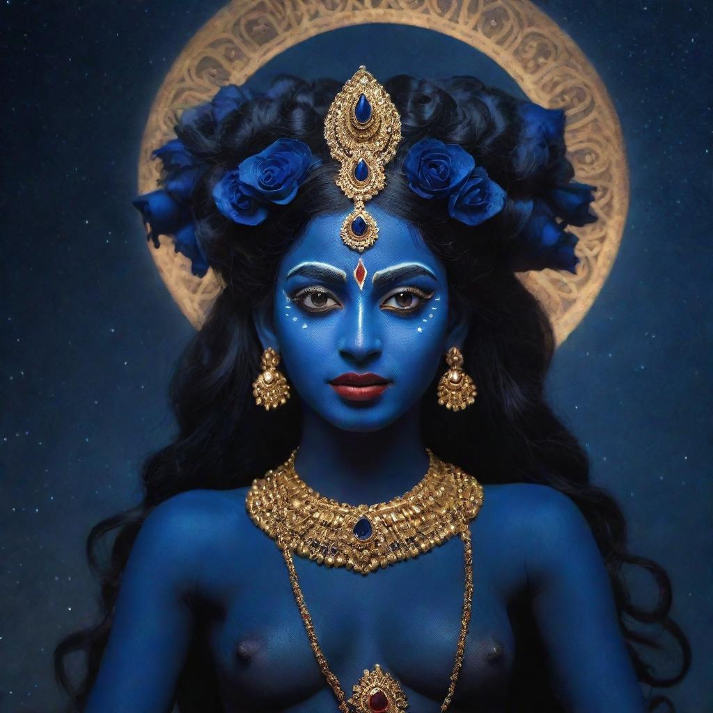 A striking image of a young Indian goddess Kali with rich midnight blue skin, embodying divine power with an air of youthful innocence, set against a magical, star-filled night sky backdrop.