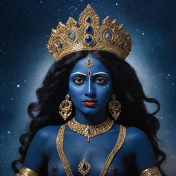 A striking image of a young Indian goddess Kali with rich midnight blue skin, embodying divine power with an air of youthful innocence, set against a magical, star-filled night sky backdrop.