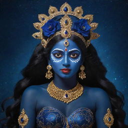 A striking image of a young Indian goddess Kali with rich midnight blue skin, embodying divine power with an air of youthful innocence, set against a magical, star-filled night sky backdrop.