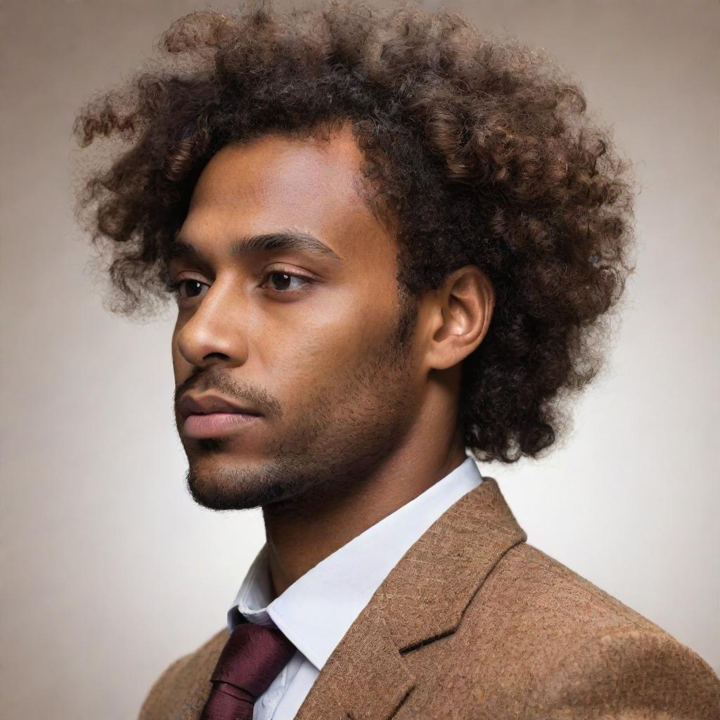 An abstract, non-realistic profile image of a man with brown skin and curly hair, displaying a sense of sophistication and personal character, suitable for a profile picture.