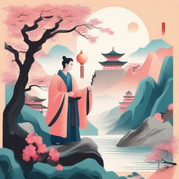 Create a vibrant Chinese landscape filled with a peach forest