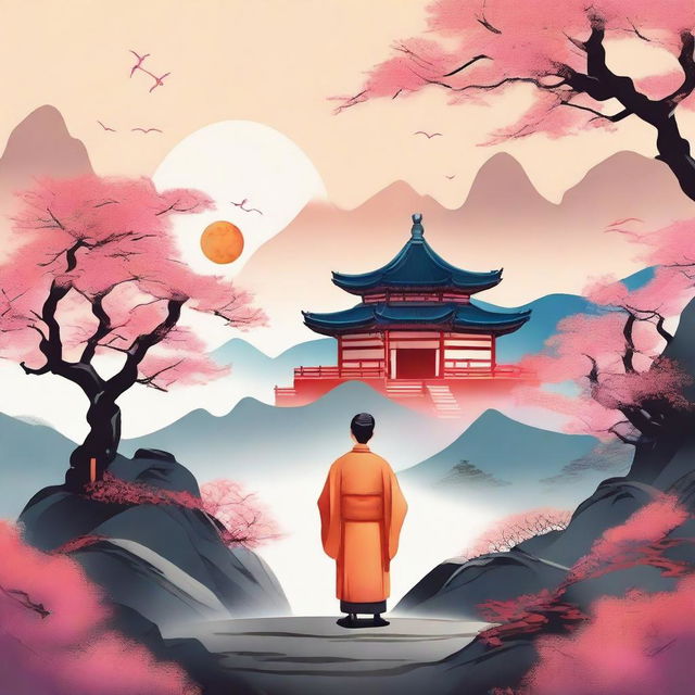 Create a vibrant Chinese landscape filled with a peach forest