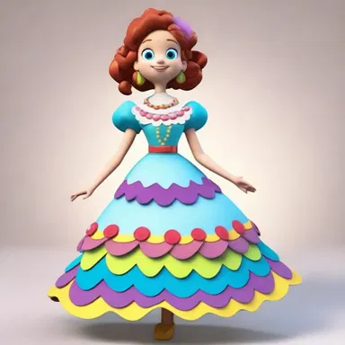 The dress of the animated character was adorned with colorful rickrack trimmings.