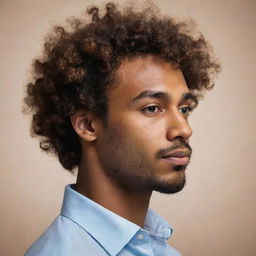 An abstract, non-realistic profile image of a man with brown skin and curly hair, displaying a sense of sophistication and personal character, suitable for a profile picture.