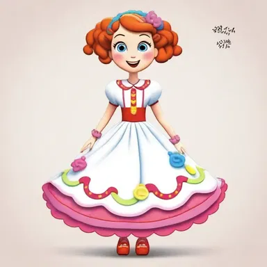 The dress of the animated character was adorned with colorful rickrack trimmings.