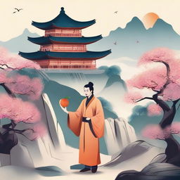 Create a vibrant Chinese landscape filled with a peach forest