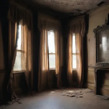 The haunted house was decorated with tattered curtains embellished with rickrack, adding an eerie touch to the atmosphere.