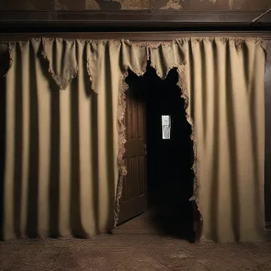 The haunted house was decorated with tattered curtains embellished with rickrack, adding an eerie touch to the atmosphere.