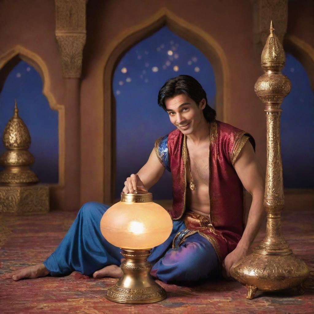 Aladdin, his genie, and a magical lamp in a whimsical Arabian Nights setting