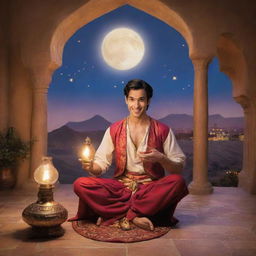 Aladdin, his genie, and a magical lamp in a whimsical Arabian Nights setting