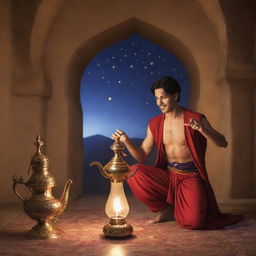 Aladdin, his genie, and a magical lamp in a whimsical Arabian Nights setting