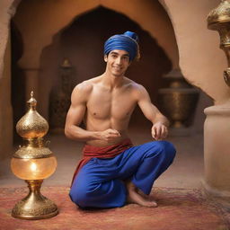 Aladdin, his genie, and a magical lamp in a whimsical Arabian Nights setting