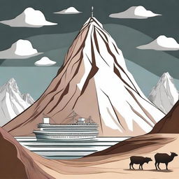 Create an image illustrating the moment when Allah instructs Prophet Noah (Nuh) to build a giant ship on a mountain, as told in Islamic teachings