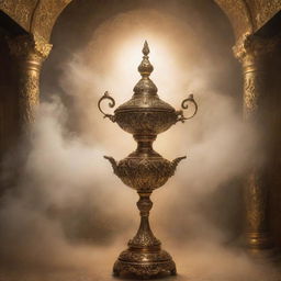 A genie emerging from an ornate, golden lamp, surrounded by an ethereal mist.